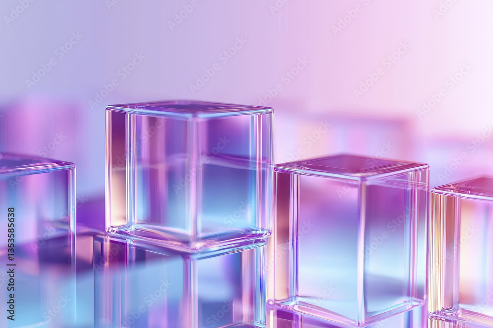 Poster vibrant holographic 3d shapes create mesmerizing visual effect, showcasing translucent cubes in soft