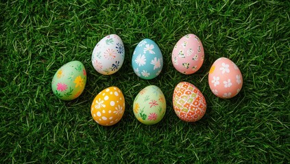A colorful arrangement of decorated Easter eggs resting on green grass, symbolizing spring and festive celebrations.