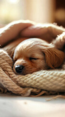 sleeping puppy under the blanket