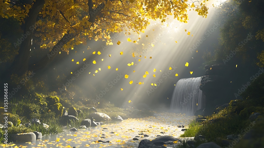 Aufkleber serene forest scene with sunlight filtering through trees, illuminating a small waterfall and surrou