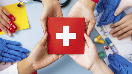 Hands of diverse individuals holding red first aid kit symbolizing health and care, showcasing teamwork and community support