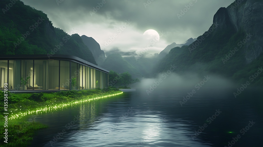 Aufkleber Modern structure by a serene lake surrounded by misty mountains under a cloudy sky.