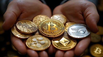 Hands holding various cryptocurrencies.