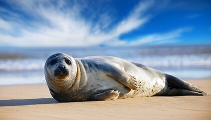 grey seal lying on a sandy beach with blue sky background