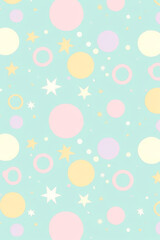 Colorful pattern with circles and stars on light blue background, creating playful atmosphere