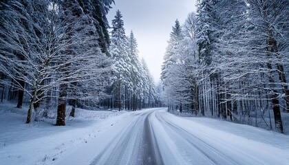 road in the winter forest frozen winter forest with snow covered trees outdoor