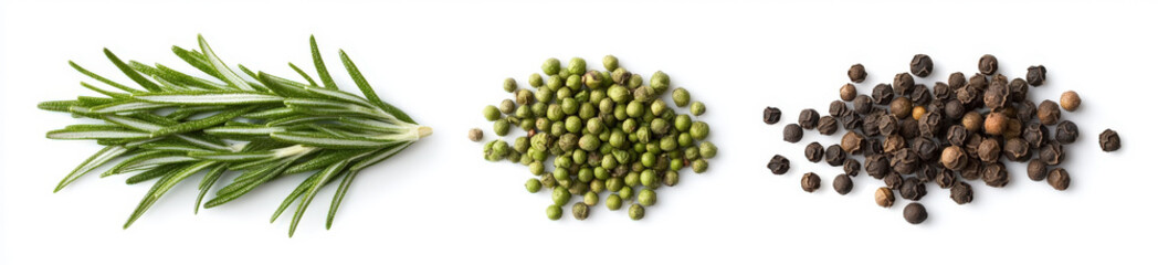 Obraz premium Fresh Rosemary Sprig with Green and Black Peppercorns A Culinary Herb and Spice Collection