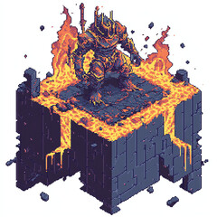 Naklejka premium Pixel Art Warrior Stands on Lava Platform Surrounded by Fire