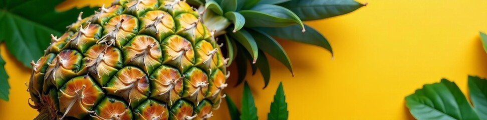 Fototapeta premium Ripe whole pineapple with vibrant green leaves, tropical fruit, juicy, pineapple, fruit