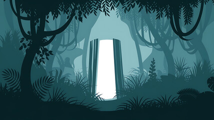 Mysterious jungle path silhouette style misty forest scene fantasy backdrop