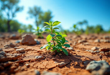 Young Green Plant Sprouting from Dry, Cracked Soil in a Sunlit Desert, Symbolizing Growth, Hope, and Nature&rsquo;s Power to Overcome Harsh Conditions.