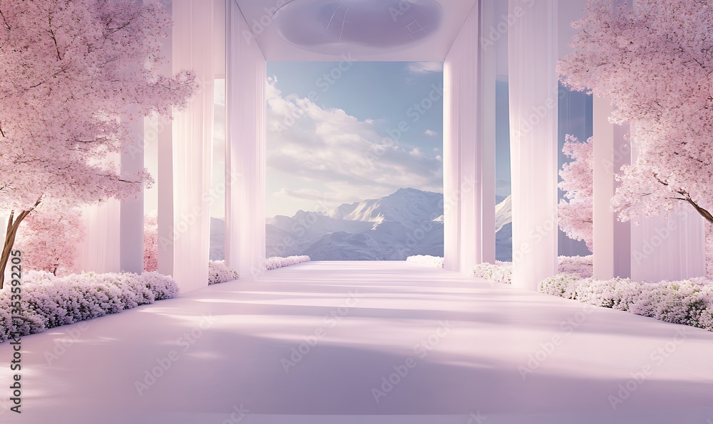 Poster serene architectural space with tall pillars and a scenic view of clouds and mountains.