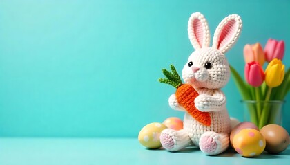 Fototapeta premium Knitted easter bunny holding a carrot with colorful easter eggs and tulips on a turquoise background generative ai