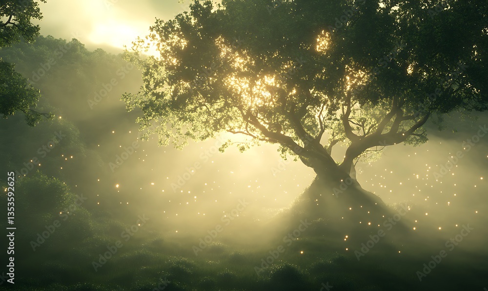 Poster mysterious tree illuminated by soft light in a serene, foggy landscape.
