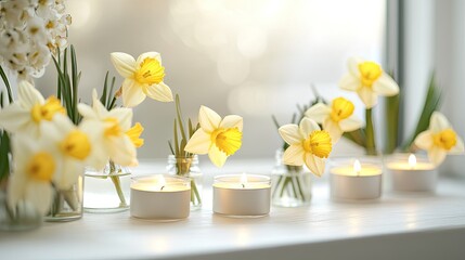 Elegant Arrangement of Yellow Daffodils and Candles for Spring Decor