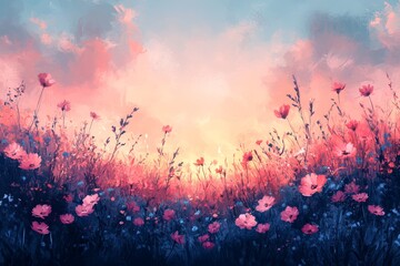 Vibrant blooming fields of wildflowers illuminated by golden sunset. Concept of blooming fields evokes peace, serenity, and beauty of nature with blooming flowers.