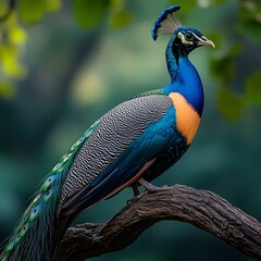 Obraz premium animal wildlife A stunning peacock perched gracefully on a branch, showcasing its vibrant feathers and unique colors against a blurred natural background.
