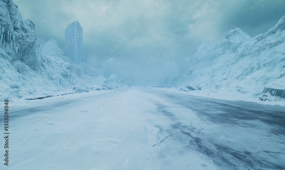 Poster a desolate icy landscape with towering buildings shrouded in frost and snow under a cloudy sky.