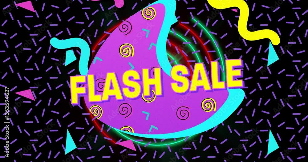 Aufkleber flash sale animation with vibrant geometric shapes and patterns on black background
