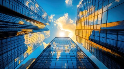 Modern glass skyscrapers under bright sky with sun and cloud reflections. Low-angle view showcasing urban business architecture, contemporary cityscape, and sleek building design