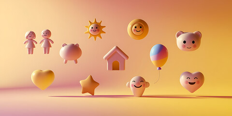 Cute cartoonish 3D objects pastel colors happy faces child-friendly design