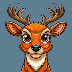 Obraz premium Cute Orange Deer with Antlers Cartoon Portrait, orange deer, cartoon portrait, antlered animal, cute expression, animal illustration, fantasy art, animated style, deer design, big eyes, digital draw