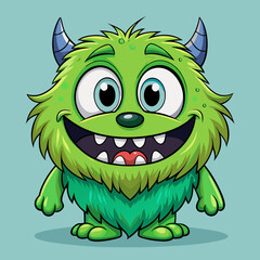 Fototapeta premium green monster, Cute Green Monster with Horns and Big Smile Cartoon Character, cartoon character, big smile, horned creature, cute design, fantasy art, animated style, monster illustration, wide eyes