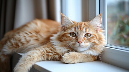 Adorable ginger cat lounging on windowsill.