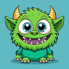 Fototapeta premium Cute Green Monster with Horns and Big Smile Cartoon Character, green monster, cartoon character, big smile, horned creature, cute design, fantasy art, animated style, monster illustration, wide eyes