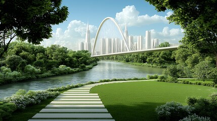 Fototapeta premium Tranquil River Park with Modern City Skyline and Ferris Wheel