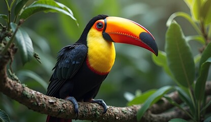 Beautiful toucan alighted gracefully upon a branch framed by a lush backdrop of verdant foliage.l