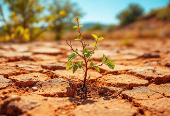 A Resilient Young Plant Emerging from Parched, Cracked Earth,
Symbolizing Strength, Survival, and the Power of Nature.
