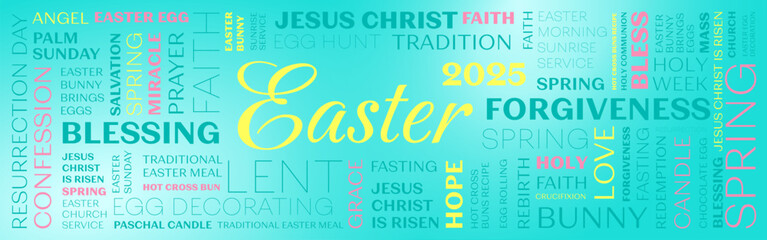 Fototapeta premium Easter banner, card. Happy Easter picture. Tag cloud with words easter, jesus christ, blessing, forgiveness, love, bunny
