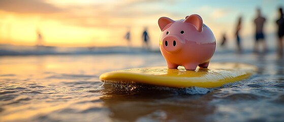 A pink piggy bank is riding a surfboard in the ocean