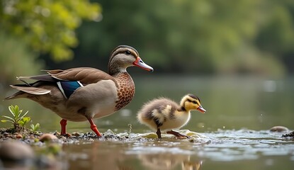 A duck and its duckling walking along the water's edge together