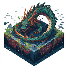 Fototapeta premium Pixel Art Dragon Coiled on Isometric Earth Block Surrounded by Water