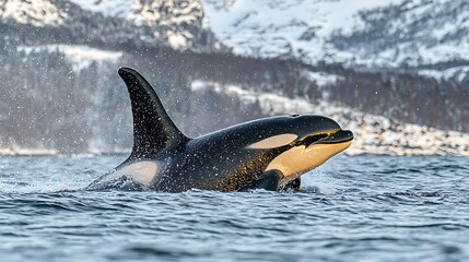 Obraz premium Orca whale surfacing in icy water near snowy mountains.
