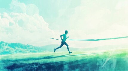 Triumphant Runner Crossing Finish Line in Serene Landscape