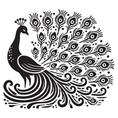 Fototapeta premium Peacock silhouette black and white vector icon