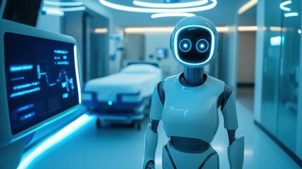 Futuristic Medical Robot in Hospital Corridor