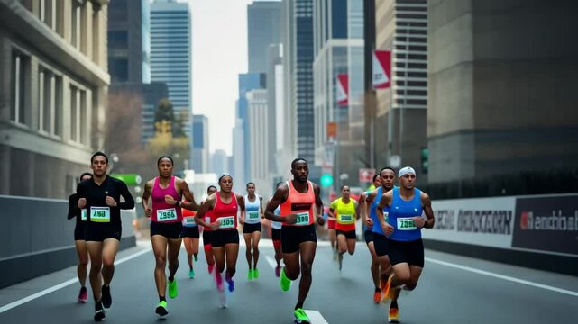 Marathon runners competing in a city race, athletes running on urban streets with skyscrapers in the background, professional endurance sports competition, fitness and stamina challenge