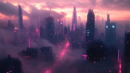 Futuristic Cityscape at Dawn: A Cyberpunk Metropolis