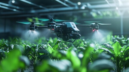 Agricultural Drone Spraying Crops in Greenhouse