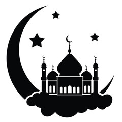 Mosque silhouette with crescent moon and stars