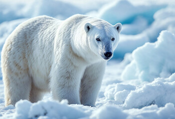 A Majestic Polar Bear Roaming the Frozen Arctic, Standing Strong Amidst Ice and Snow,
Capturing the Essence of Wildlife Survival in One of Earth&rsquo;s Harshest Environments.