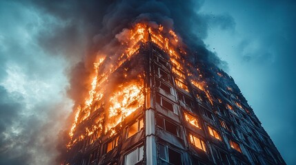 Tall building engulfed in flames with thick smoke billowing. Emergency fire scene depicting destruction and danger, highlighting urban building fire disaster