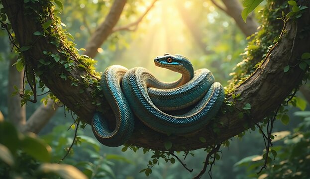 A python coiled around a tree branch in a rainforest