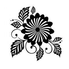 Black and white illustration of a stylized flower with decorative leaves and tendrils.