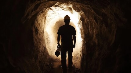 Silhouette of a Miner Emerging from a Dark Tunnel