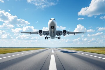 Commercial airplane taking off from runway under blue sky with scattered clouds.